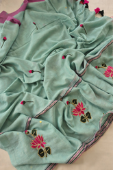 Mint Lotus Bloom Mul Mul Cotton Saree By Ethnic Dori