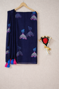 Navy Blue Mul Mul Cotton Sarees with Doll Embroidery