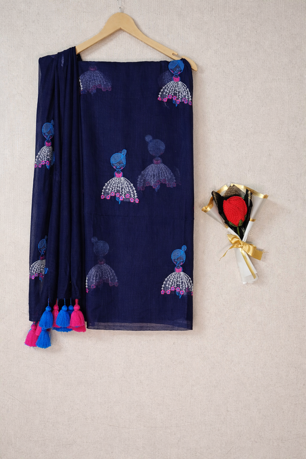 Navy Blue Mul Mul Cotton Sarees with Doll Embroidery