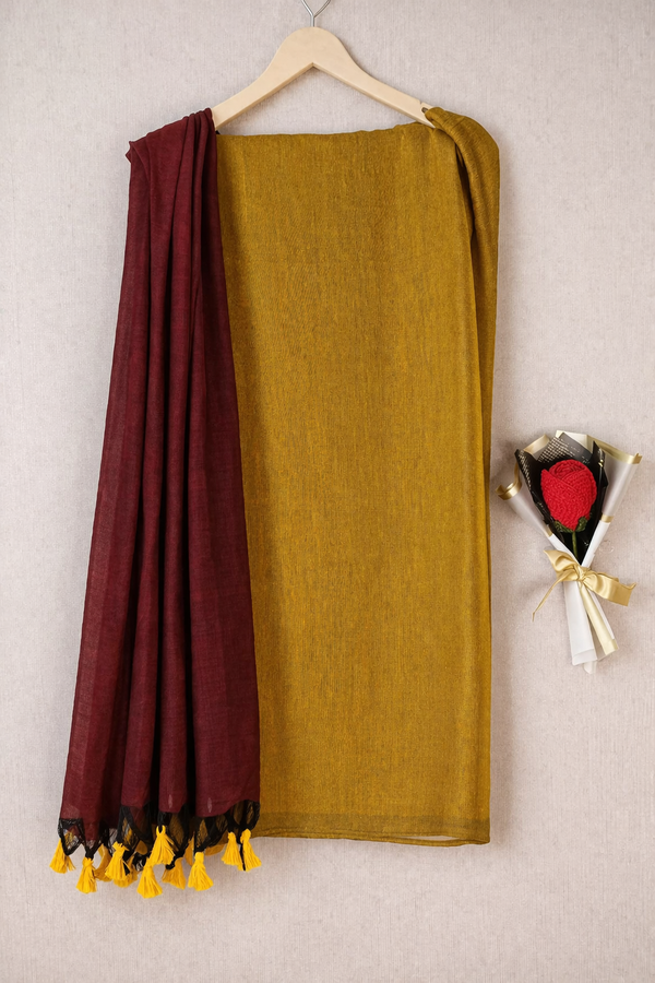 Maroon & Golden Double Color Khadi Cotton Saree