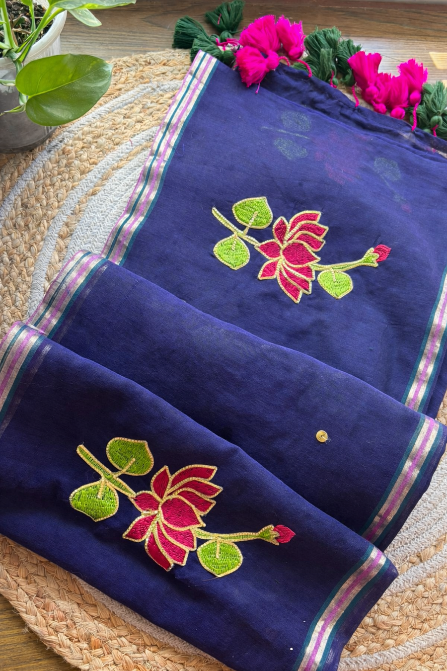 Royal Indigo Lotus Bloom Mul Mul Cotton Saree By Ethnic Dori