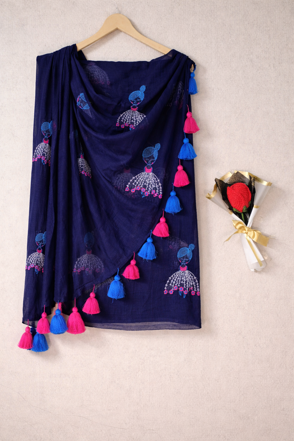 Navy Blue Mul Mul Cotton Sarees with Doll Embroidery
