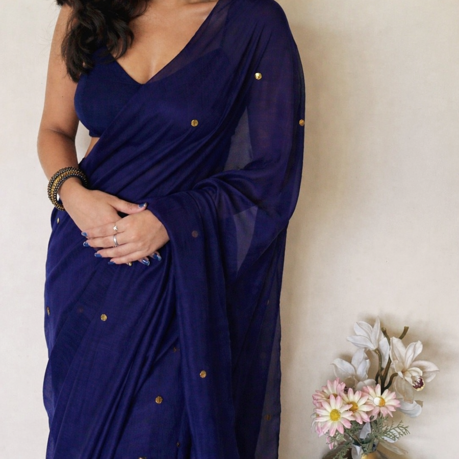 Navy Blue Khadi Cotton Saree | Cotton Saree Ethnic Dori