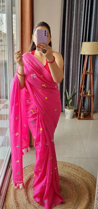 Pink Mul Mul Cotton Sarees with Multi Color Flower Embroidery