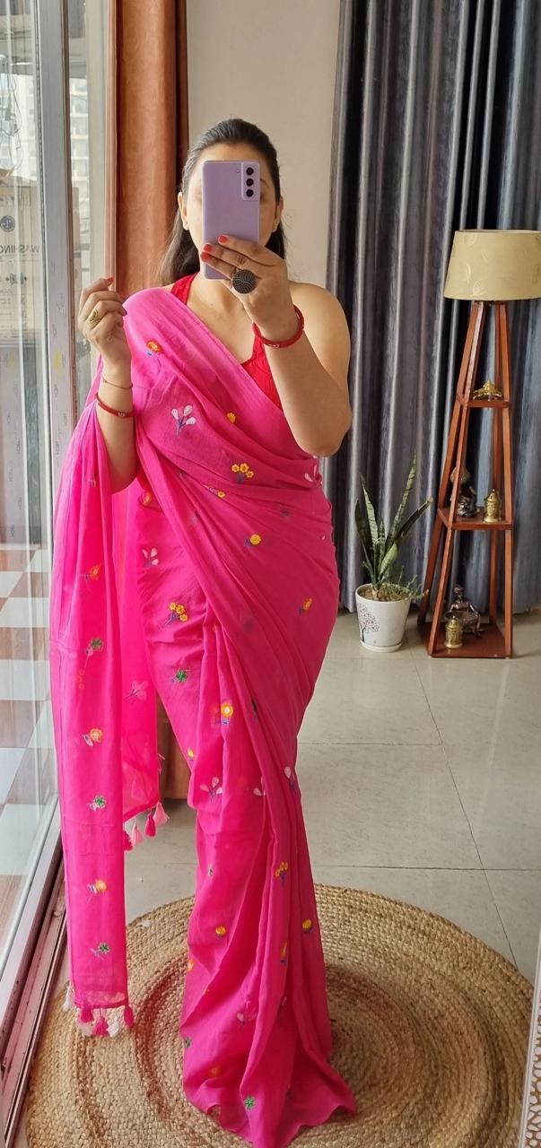 Pink Mul Mul Cotton Sarees with Multi Color Flower Embroidery
