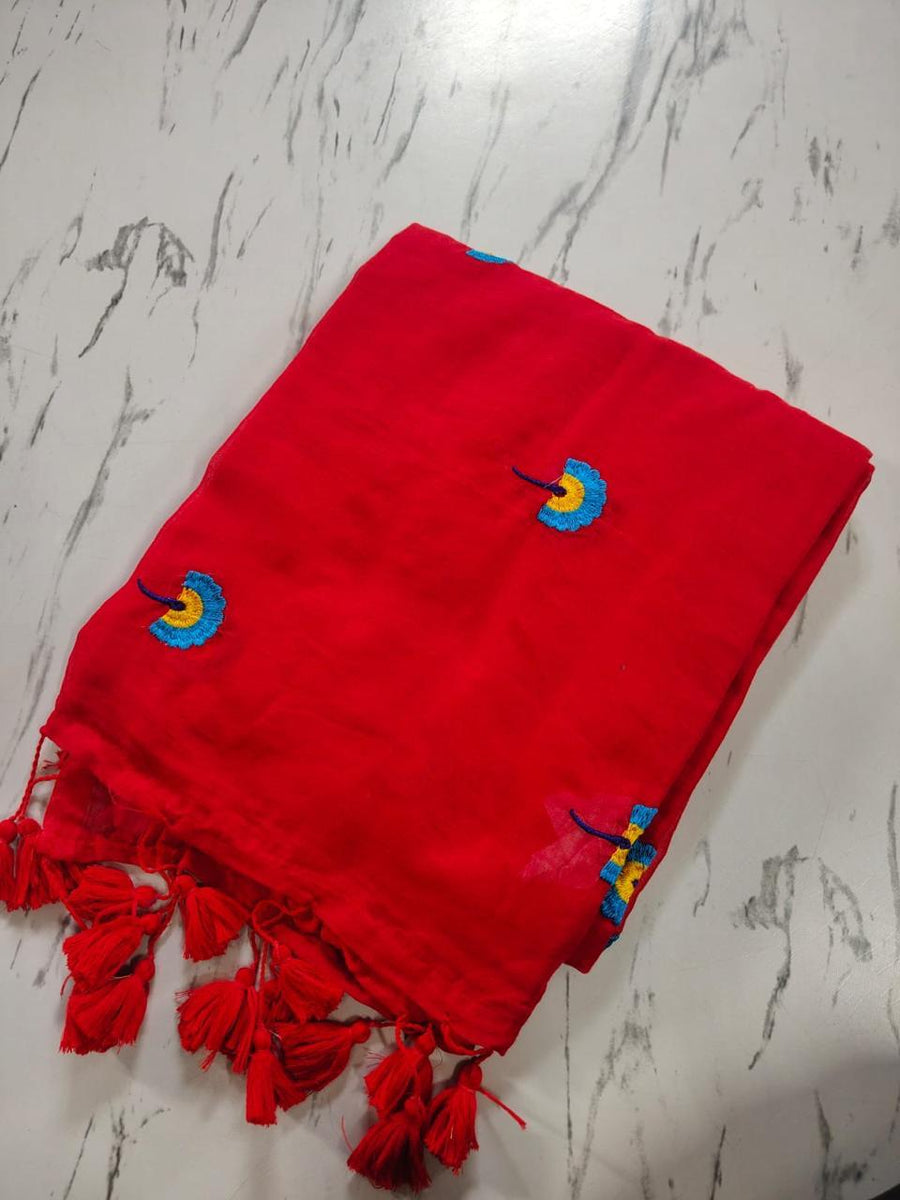 Red mul mul cotton sarees with multi color embroidery