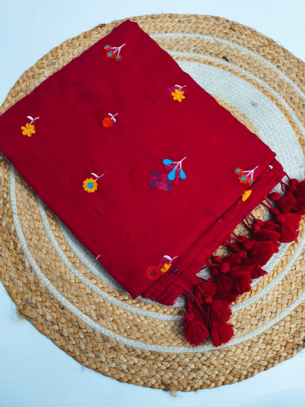 Maroon mul mul cotton sarees with multi color embroidery