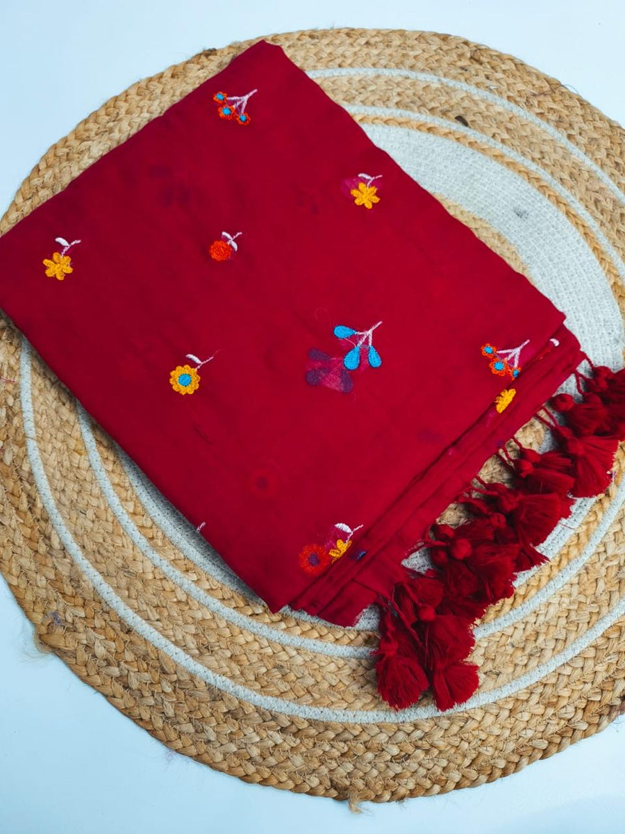 Maroon mul mul cotton sarees with multi color embroidery