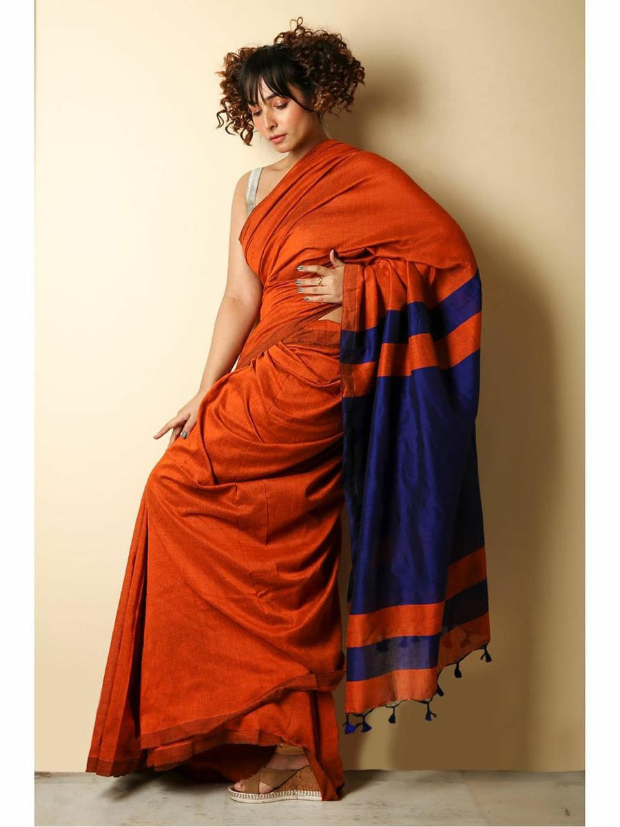 Double Color Khadi Cotton Orange & Blue Saree