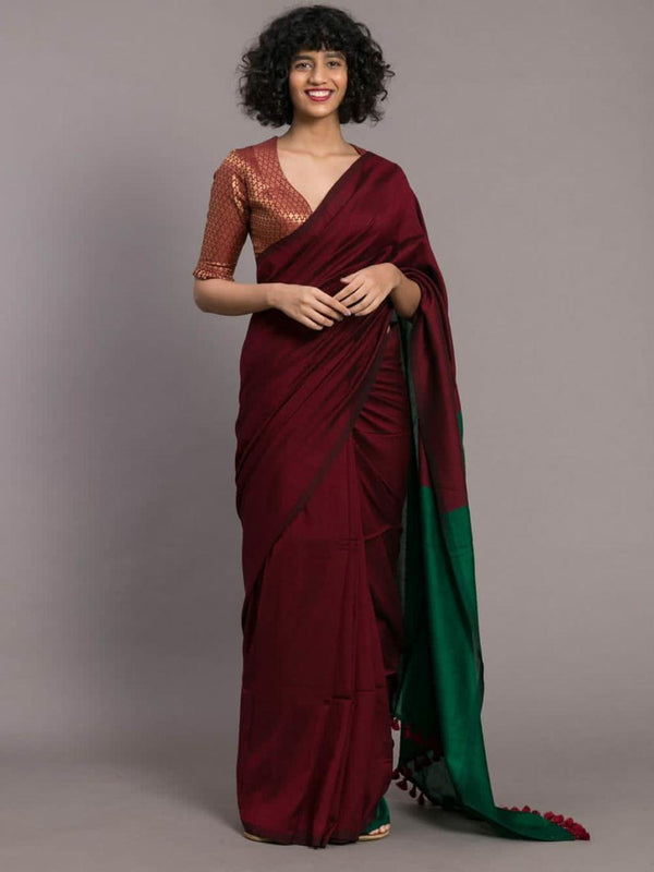 Red & Green Double Color Khadi Cotton Saree