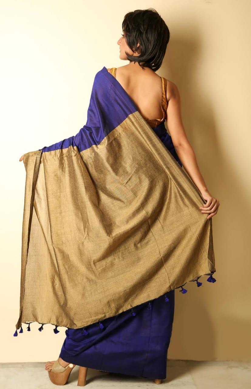 Double Color Khadi Cotton Navy Blue & Golden Saree