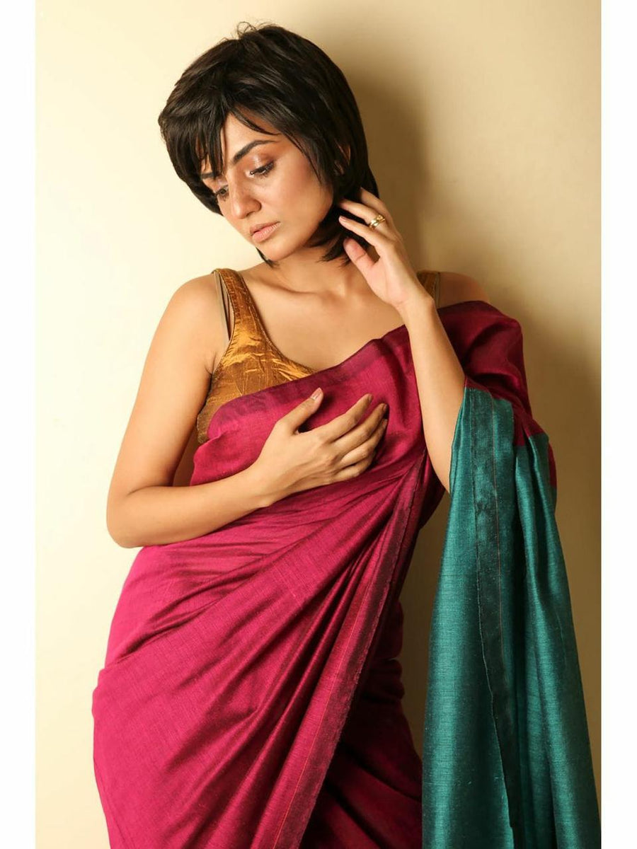 Pink & Green Double Color Khadi Cotton Saree