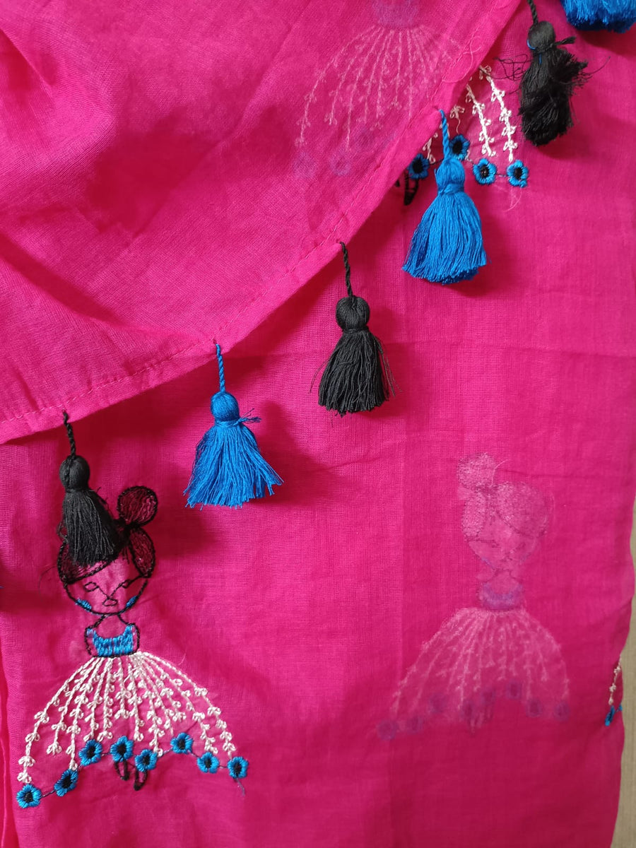 Magenta Mul Mul Cotton Sarees with Doll Embroidery