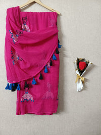 Magenta Mul Mul Cotton Sarees with Doll Embroidery