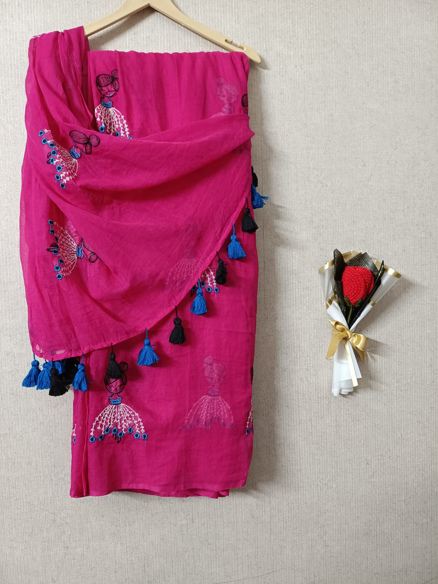 Magenta Mul Mul Cotton Sarees with Doll Embroidery