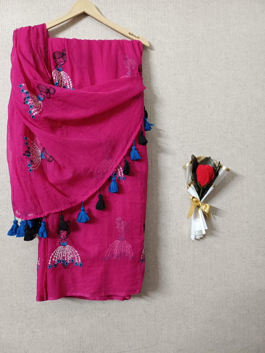 Magenta Mul Mul Cotton Sarees with Doll Embroidery