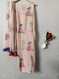 Peach mul mul cotton sarees with doll embroidery