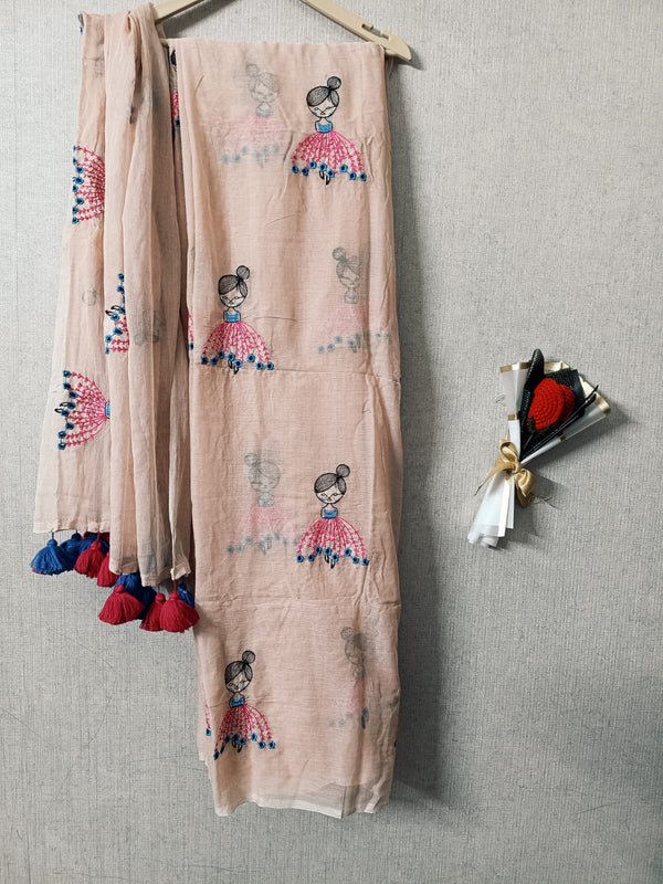 Peach mul mul cotton sarees with doll embroidery