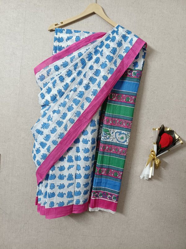 White & Blue Tanya Mittal Inspired Quirky Cotton Sarees