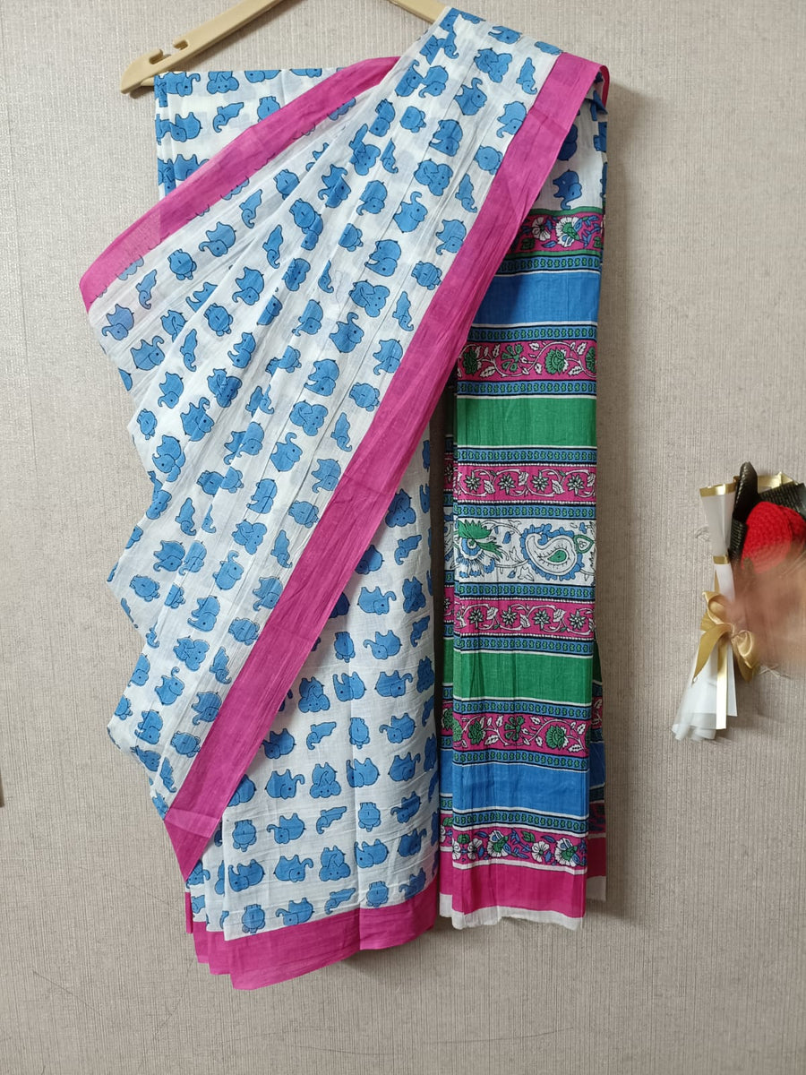 White & Blue Tanya Mittal Inspired Quirky Cotton Sarees