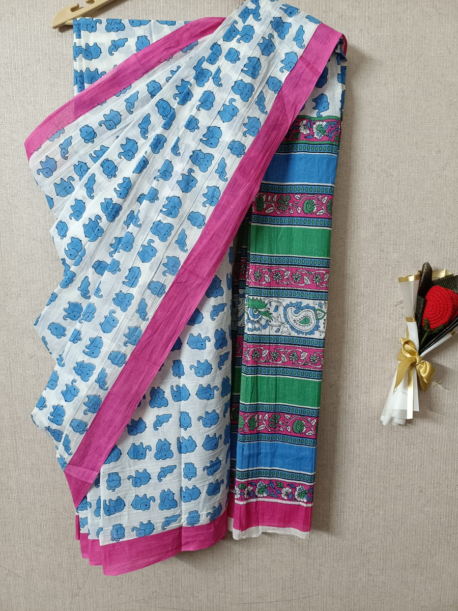 White & Blue Tanya Mittal Inspired Quirky Cotton Sarees