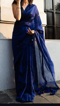 Navy Blue Khadi Cotton Saree | Cotton Saree Ethnic Dori