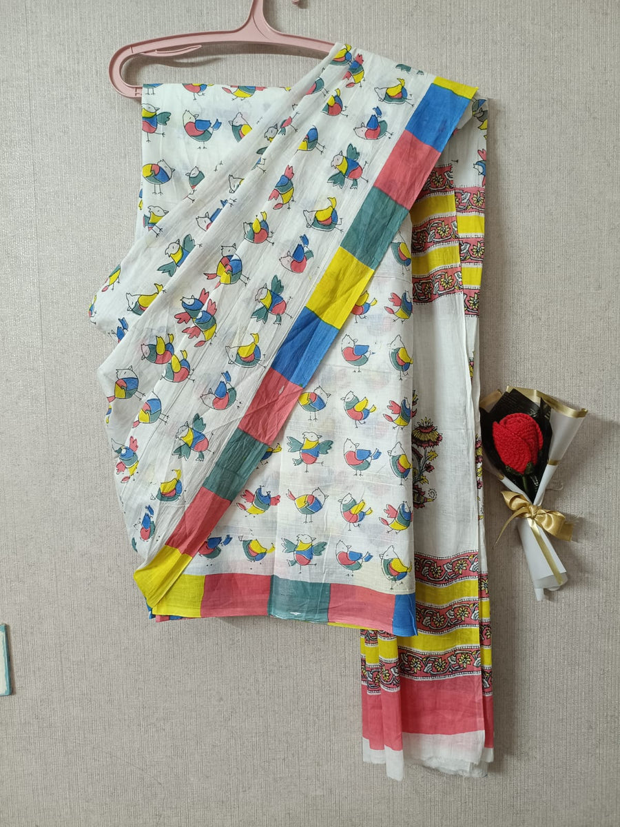 Pastel Pankhi Parade Quirky Cotton Saree By Ethnic Dori