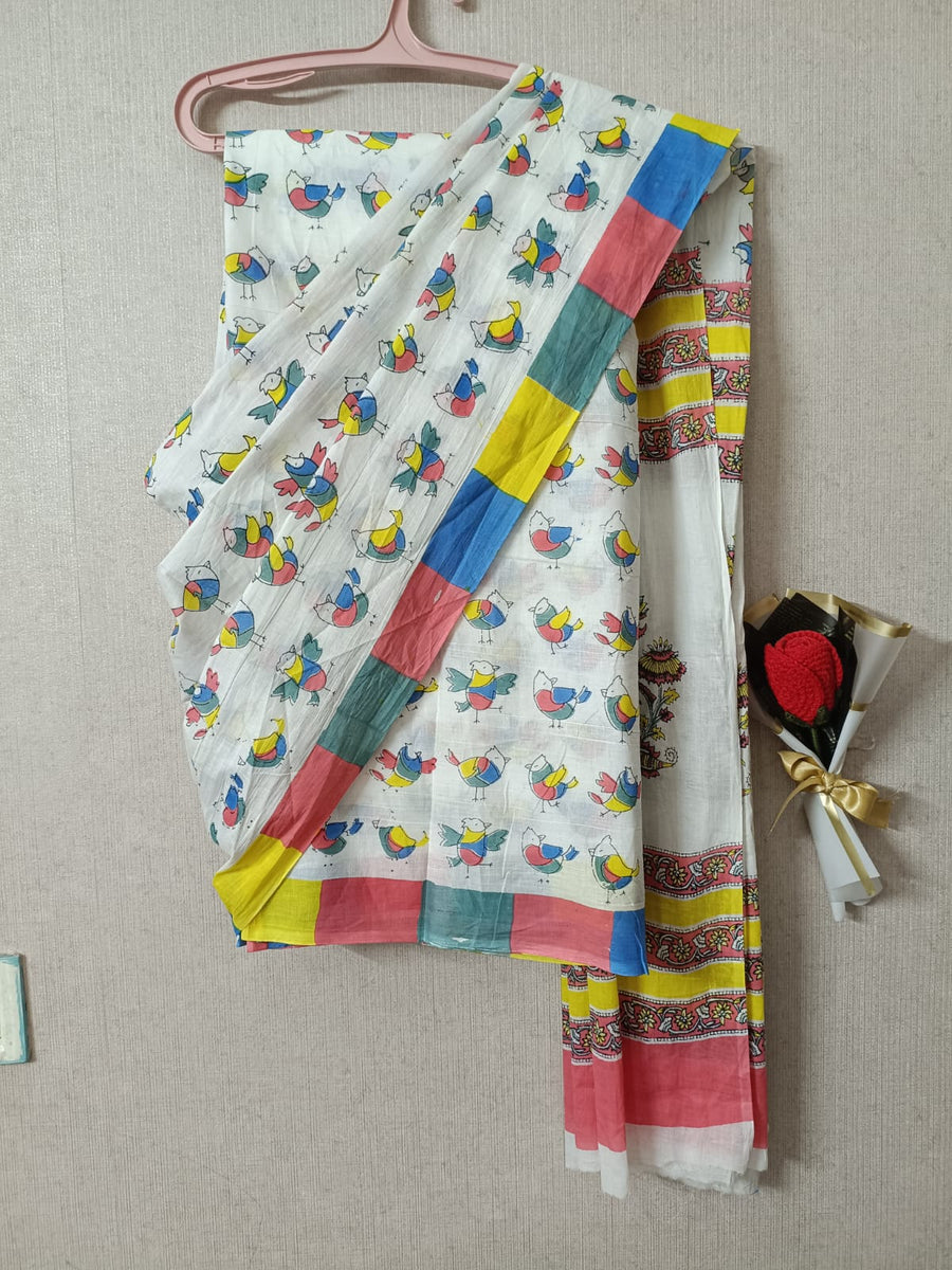 Pastel Pankhi Parade Quirky Cotton Saree By Ethnic Dori