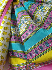 Playful Yellow Elephant Print Quirky Cotton Saree with Pink Border By Ethnic Dori