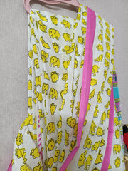 Playful Yellow Elephant Print Quirky Cotton Saree with Pink Border By Ethnic Dori