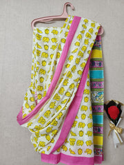 Playful Yellow Elephant Print Quirky Cotton Saree with Pink Border By Ethnic Dori