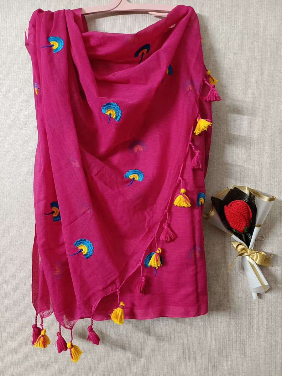 Pankhi Pop Gulabi Mul Mul Cotton Saree with Multi Color Flower Embroidery