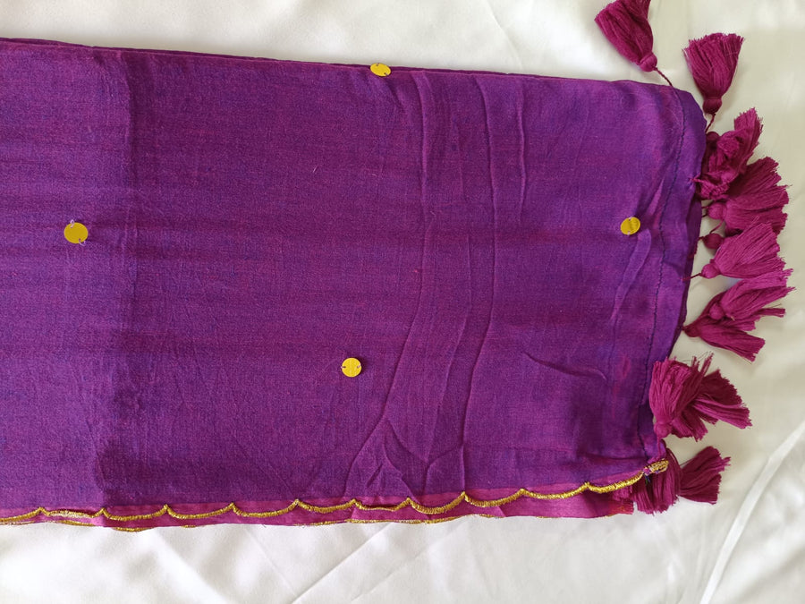 Gulnaar Purple Mul Mul Cotton Saree with Tassels  By Ethnic Dori