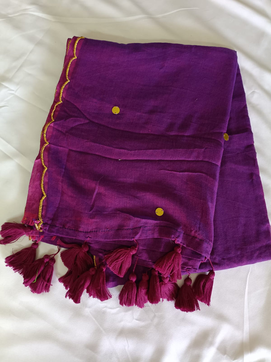 Gulnaar Purple Mul Mul Cotton Saree with Tassels  By Ethnic Dori