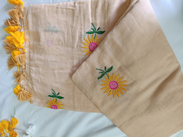 Beige Sunflower Charm Mul Mul Cotton Saree  By Ethnic Dori