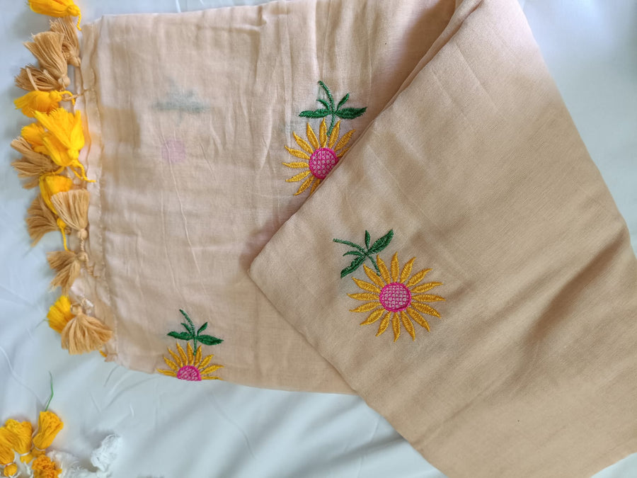 Beige Sunflower Charm Mul Mul Cotton Saree  By Ethnic Dori
