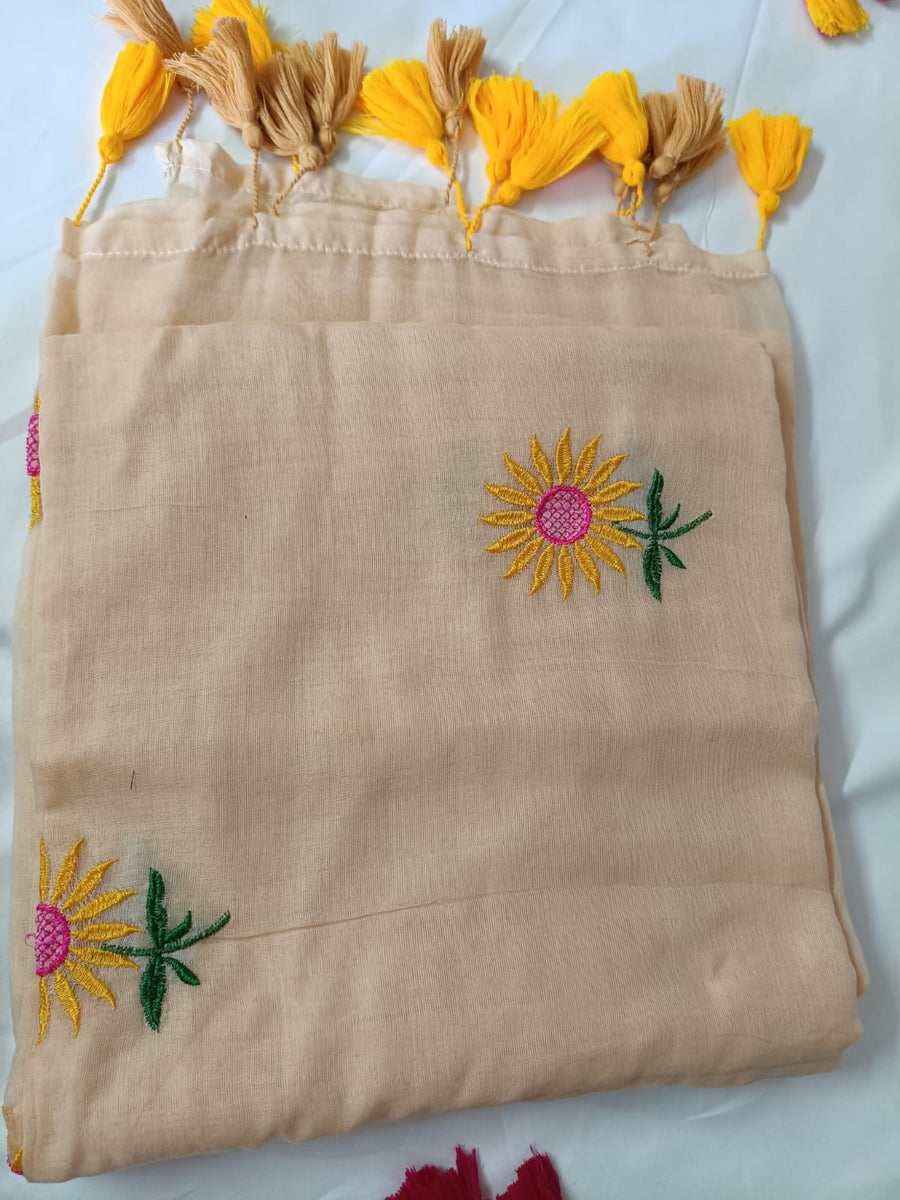 Beige Sunflower Charm Mul Mul Cotton Saree  By Ethnic Dori