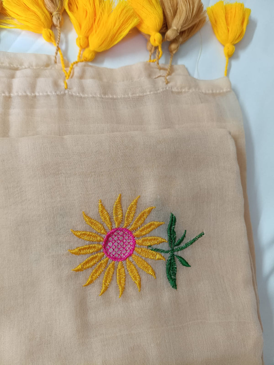 Beige Sunflower Charm Mul Mul Cotton Saree  By Ethnic Dori