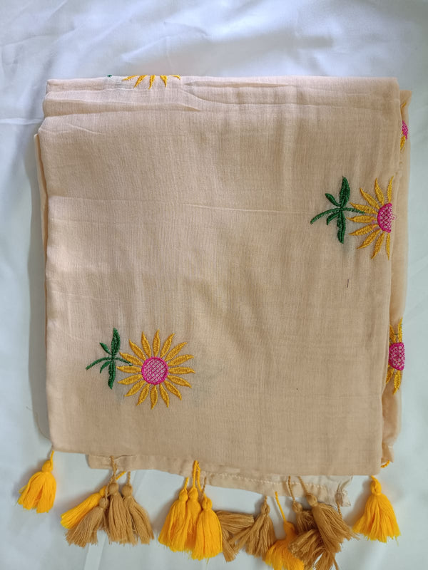 Beige Sunflower Charm Mul Mul Cotton Saree  By Ethnic Dori