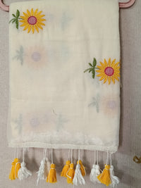 Off White Sunflower Charm Mul Mul Cotton Saree  By Ethnic Dori