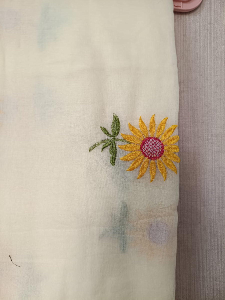 Off White Sunflower Charm Mul Mul Cotton Saree  By Ethnic Dori