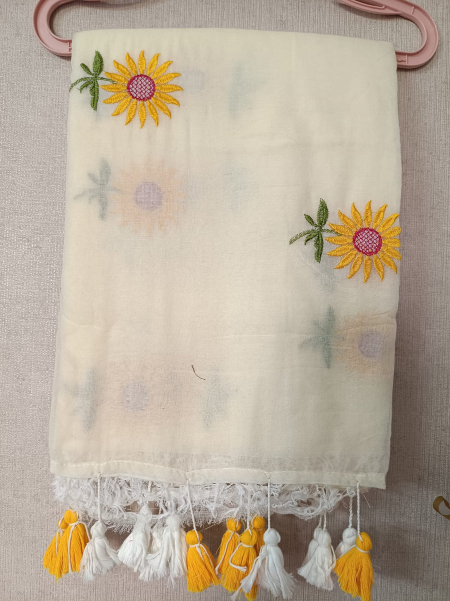 Off White Sunflower Charm Mul Mul Cotton Saree  By Ethnic Dori