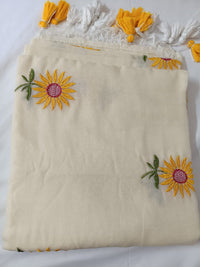 Off White Sunflower Charm Mul Mul Cotton Saree  By Ethnic Dori
