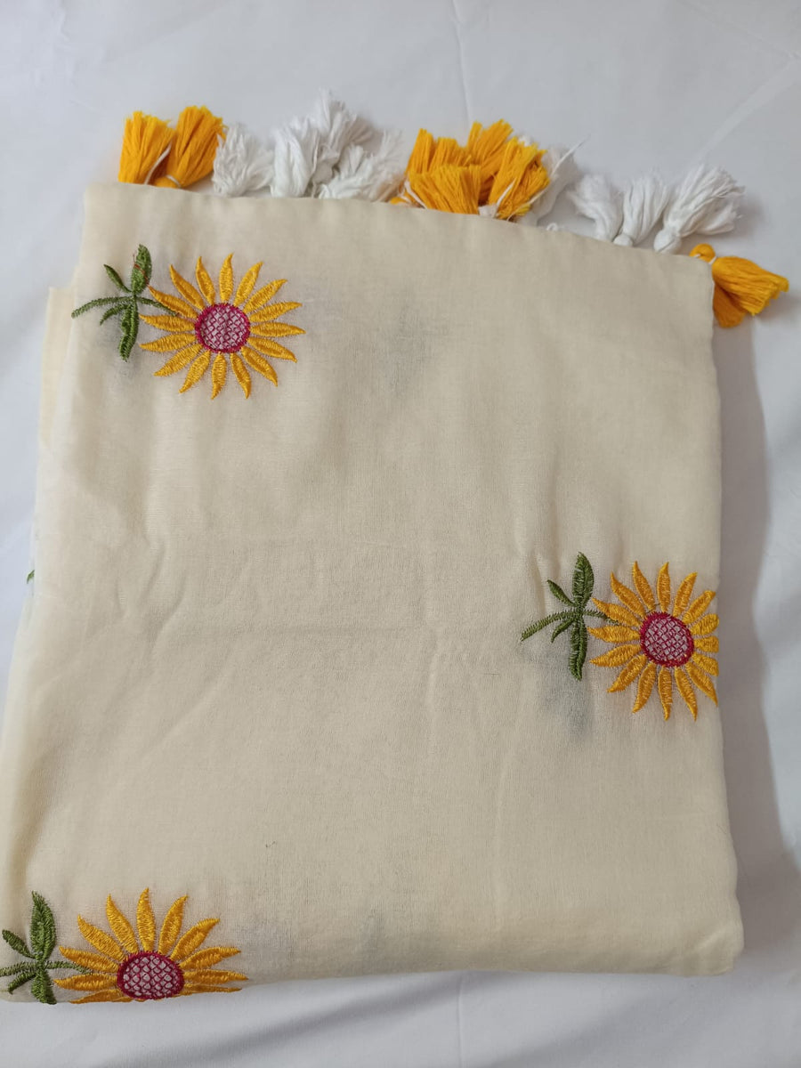 Off White Sunflower Charm Mul Mul Cotton Saree  By Ethnic Dori