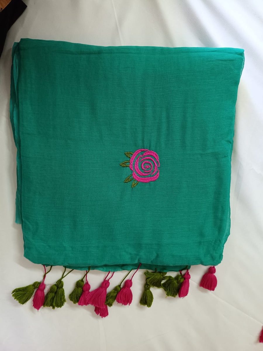 Emerald Gulab Mul Mul Cotton Saree with Tassels  By Ethnic Dori