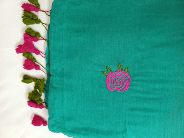 Emerald Gulab Mul Mul Cotton Saree with Tassels  By Ethnic Dori