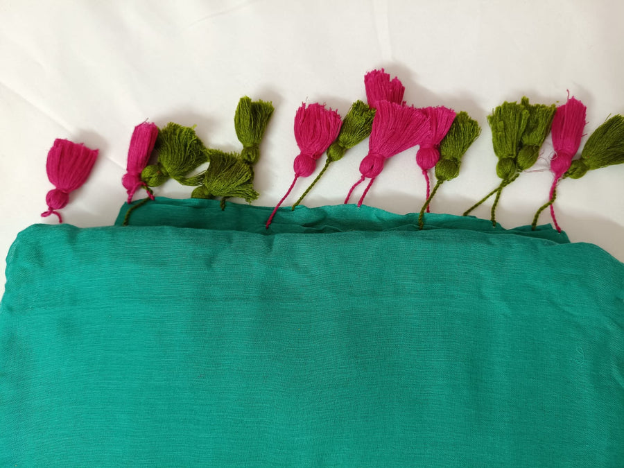 Emerald Gulab Mul Mul Cotton Saree with Tassels  By Ethnic Dori
