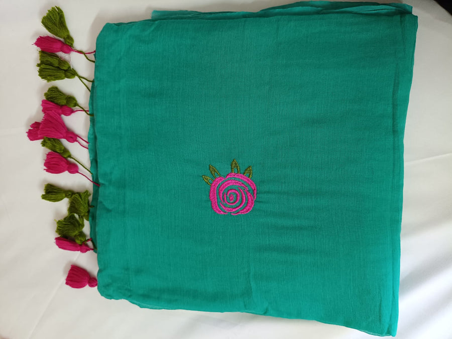 Emerald Gulab Mul Mul Cotton Saree with Tassels  By Ethnic Dori