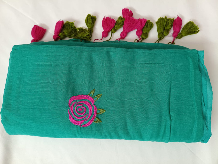 Emerald Gulab Mul Mul Cotton Saree with Tassels  By Ethnic Dori