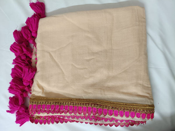 Biege Pink Lace Border Mul Mul Cotton Saree  By Ethnic Dori